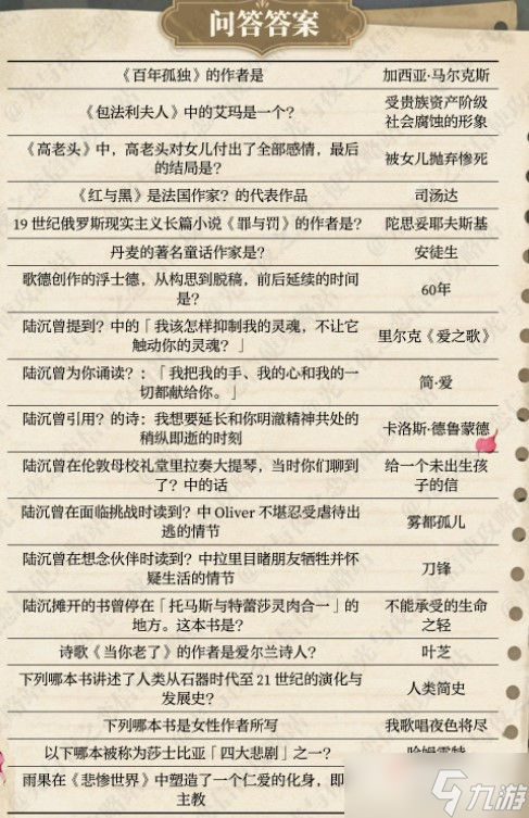 《光與夜之戀》書海文淵答案一覽